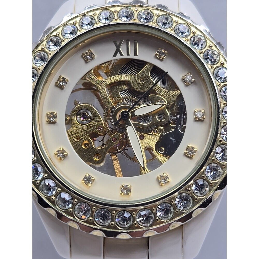 Womens Rare Adrienne Beige Ceramic Skeleton Crystal Bezel Manual Wind Watch - Picture 4 of 11
